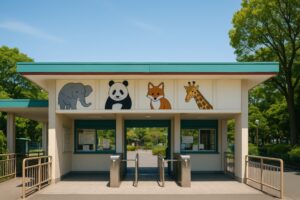 動物の看板が並ぶ動物園のチケット売り場
