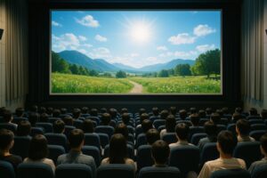 映画館で上映を見つめる観客たちの後ろ姿
