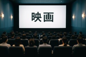 スクリーンに「映画」と映し出された映画館内