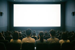 明るいスクリーンを見つめる観客たちの映画館