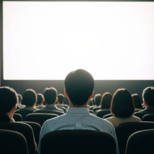 白いスクリーンを見つめる男性観客の後ろ姿
