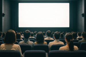 映画館の座席で映画を観る人々