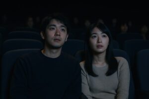 暗い映画館で映画を見つめる男女