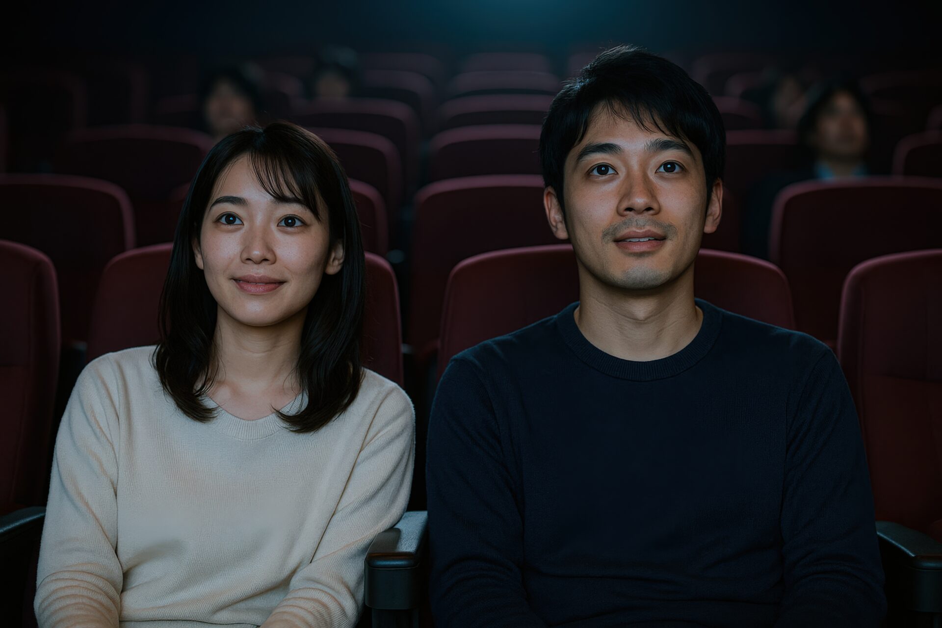 赤いシートの映画館で笑顔のカップル