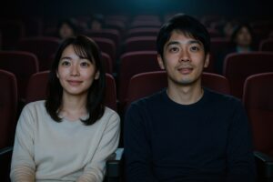 赤いシートの映画館で笑顔のカップル