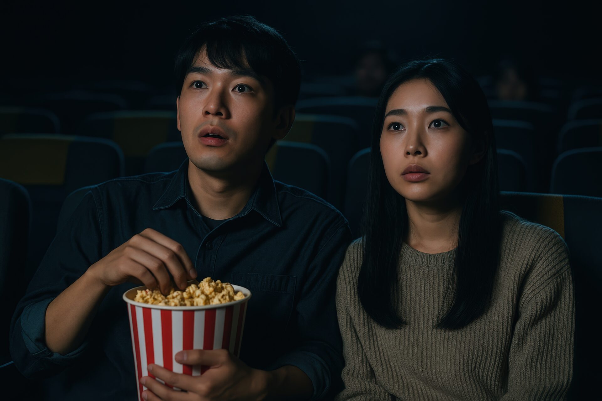 ポップコーンを持って映画を観るカップル