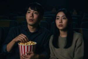 ポップコーンを持って映画を観るカップル