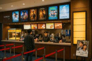 映画館の売店カウンターで注文する男性客