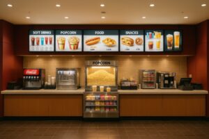 ポップコーン販売機が並ぶ映画館の売店