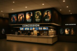 映画ポスターが並ぶ映画館の売店カウンター