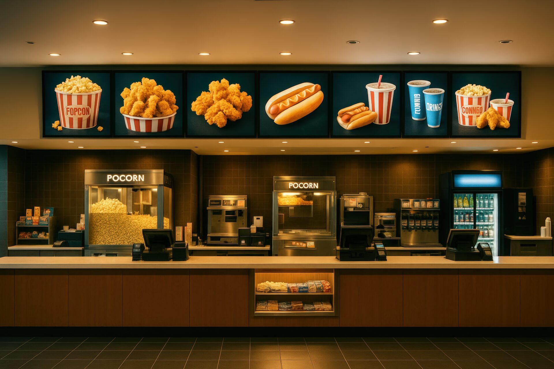 ポップコーンとホットドッグが並ぶ映画館の売店