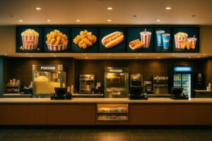 ポップコーンとホットドッグが並ぶ映画館の売店