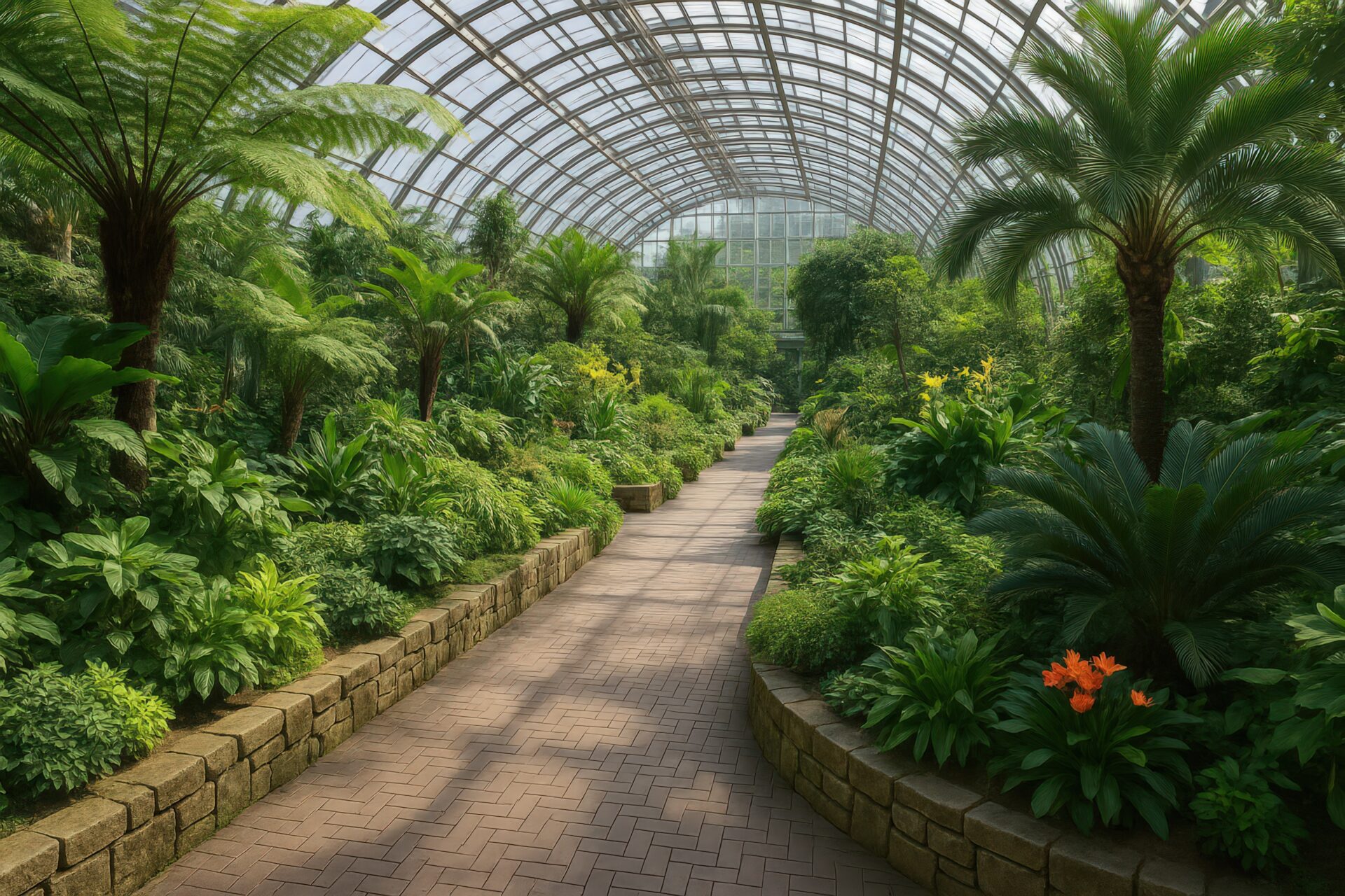 温室内の遊歩道と熱帯植物