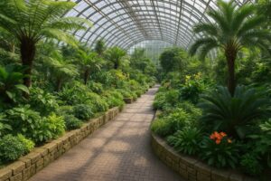 温室内の遊歩道と熱帯植物