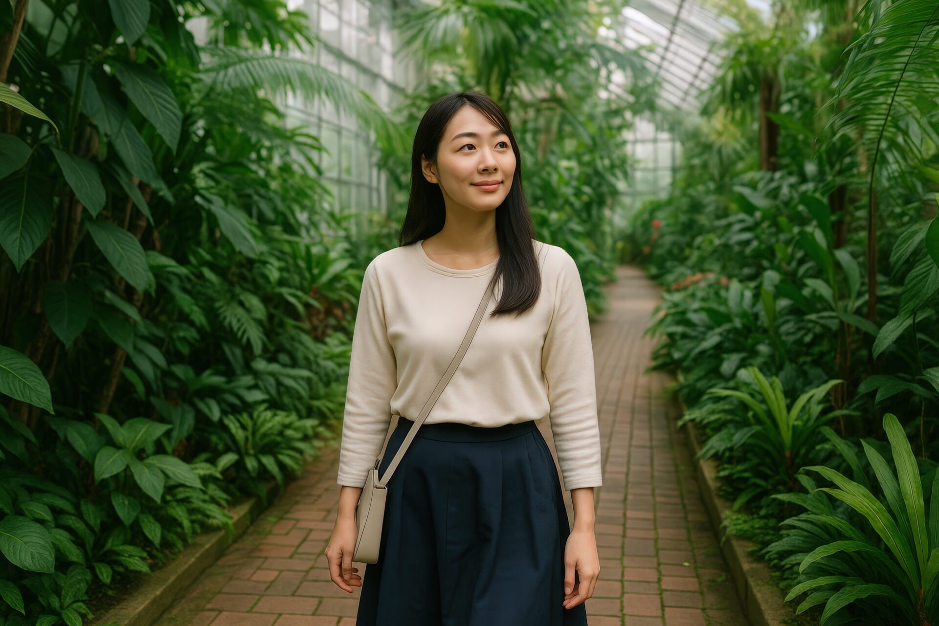 温室の小道を歩く笑顔の若い女性