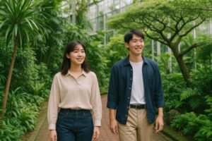 温室内を歩く若い男女