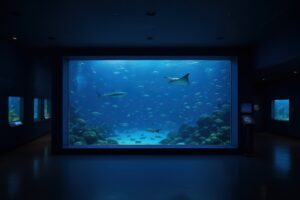 大型水槽を泳ぐサメとエイ