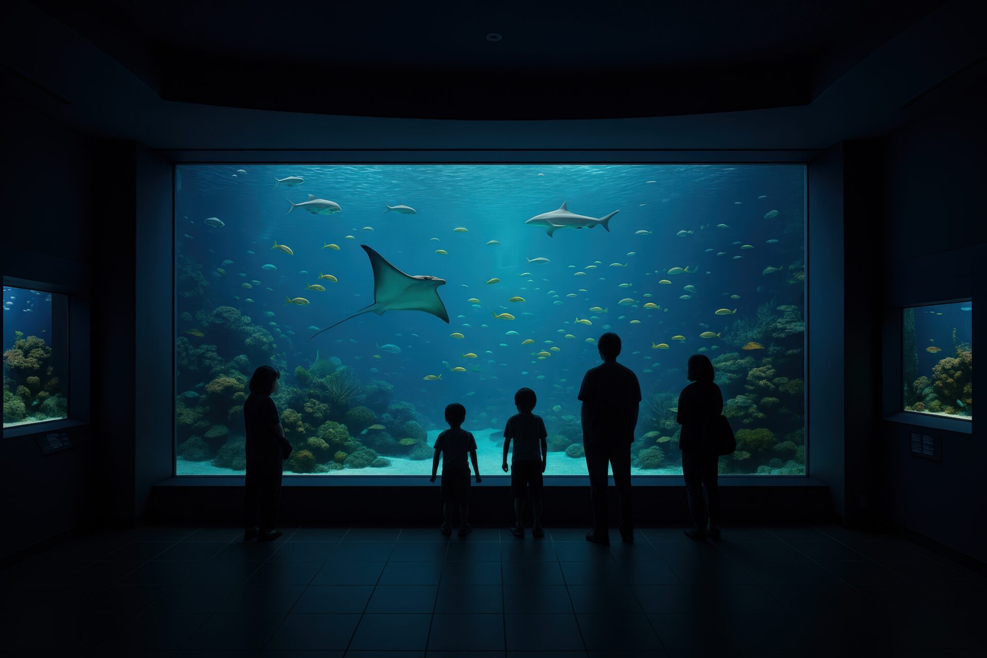 水槽を見つめる家族連れのシルエット