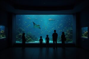 水槽を見つめる家族連れのシルエット