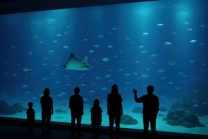 水槽の前に立つ家族と優雅に泳ぐエイ