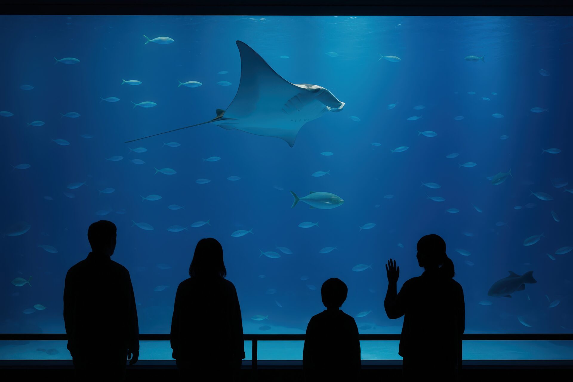 巨大なエイに手を振る親子