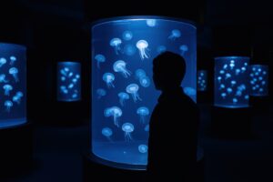 クラゲが漂う水槽を見つめる男性