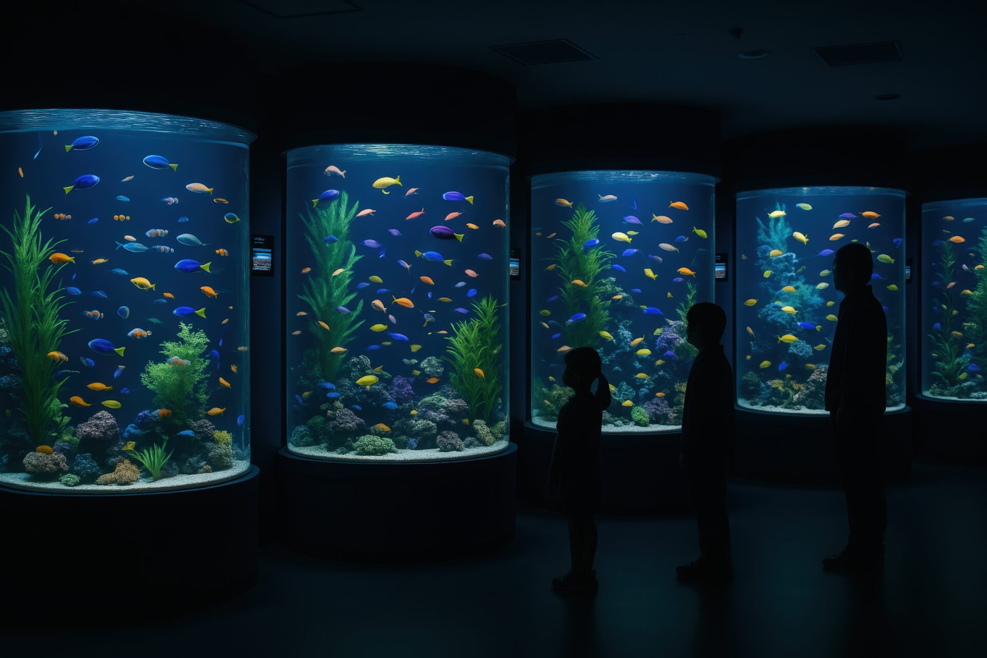 色とりどりの魚が泳ぐ水槽を見つめる家族
