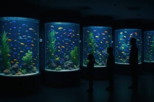 色とりどりの魚が泳ぐ水槽を見つめる家族