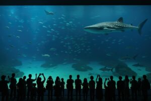 ジンベエザメが泳ぐ巨大水槽を見上げる来館者たち
