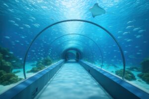 水中トンネルを進む透明なアクアリウム通路