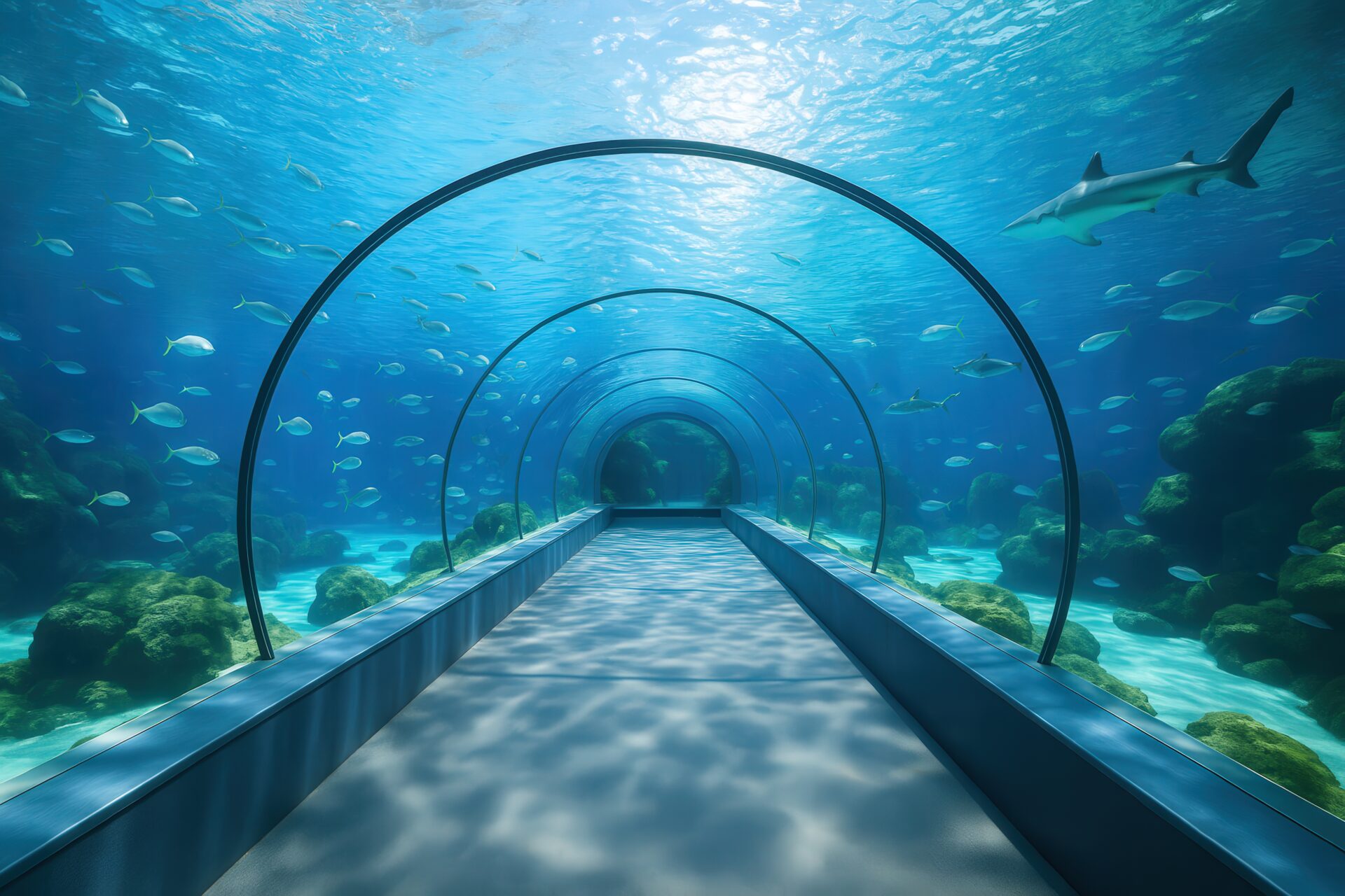 ガラス張りのトンネル水族館で魚群を眺める