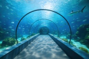 ガラス張りのトンネル水族館で魚群を眺める