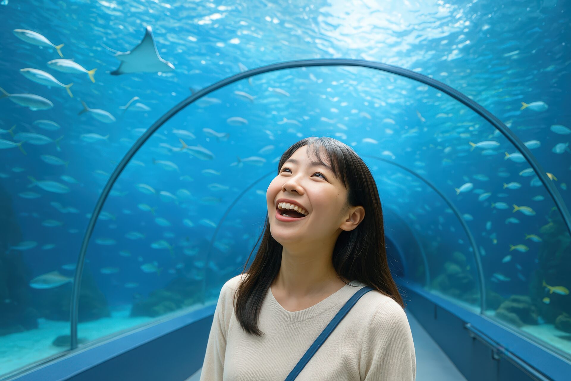 水族館のトンネル内で笑顔を見せる若い女性