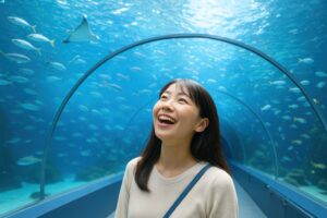 水族館のトンネル内で笑顔を見せる若い女性