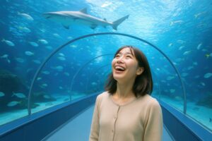 サメを見上げて驚きと喜びを感じる若い女性