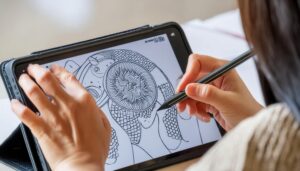タブレットでデジタルイラストを描く手元