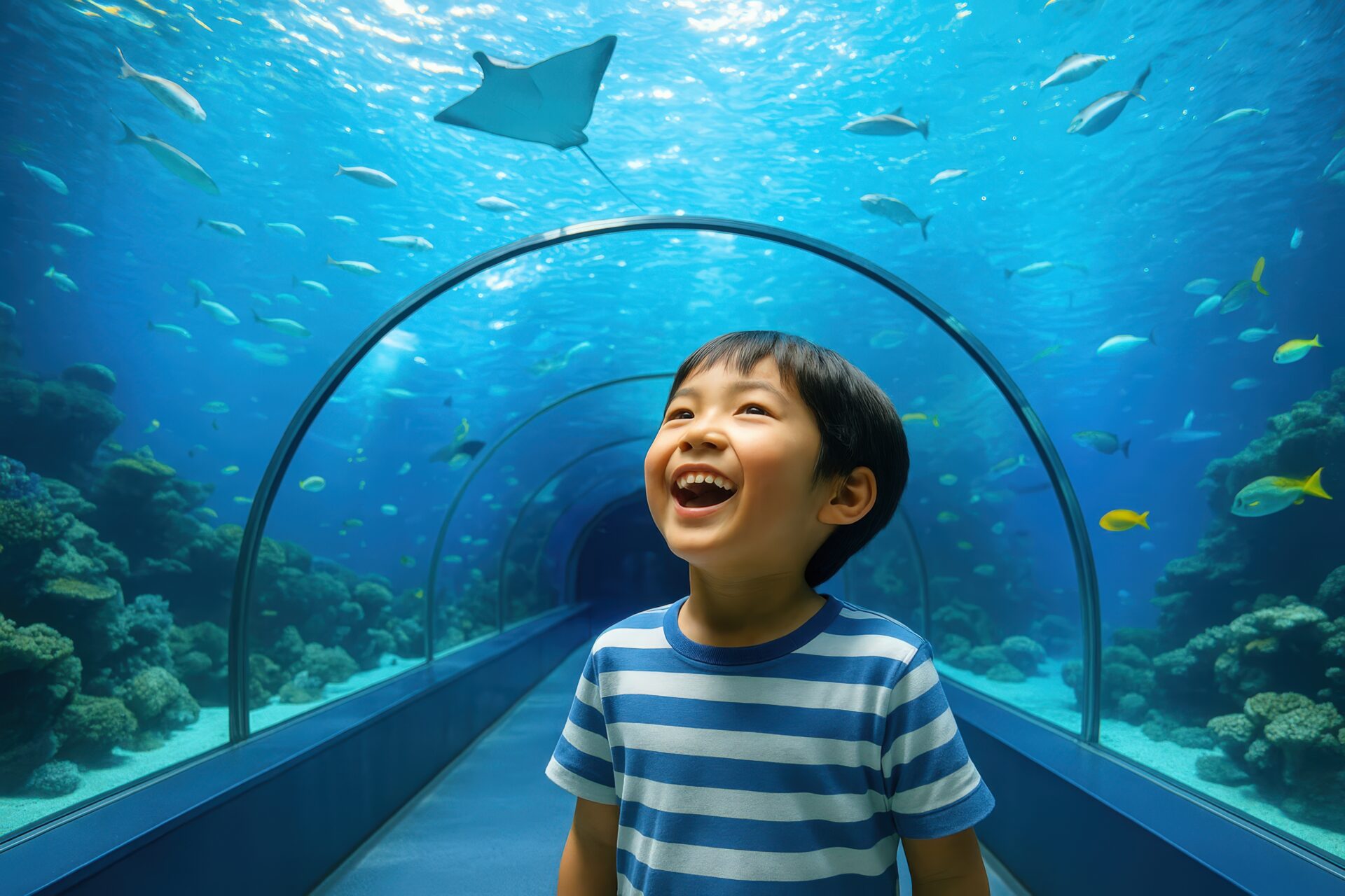 水族館のトンネルで笑顔を見せる男の子