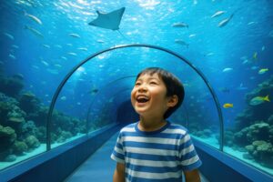 水族館のトンネルで笑顔を見せる男の子
