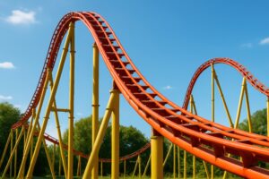 青空の下に広がる黄色とオレンジのジェットコースター