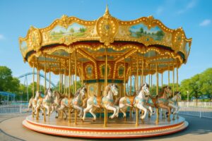金色に輝くメリーゴーランドと木馬たち