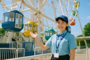 観覧車を案内する笑顔の女性スタッフ