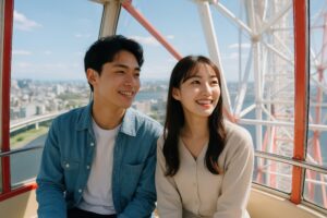 観覧車に乗って景色を楽しむカップル