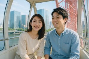 観覧車で会話を楽しむ若い男女