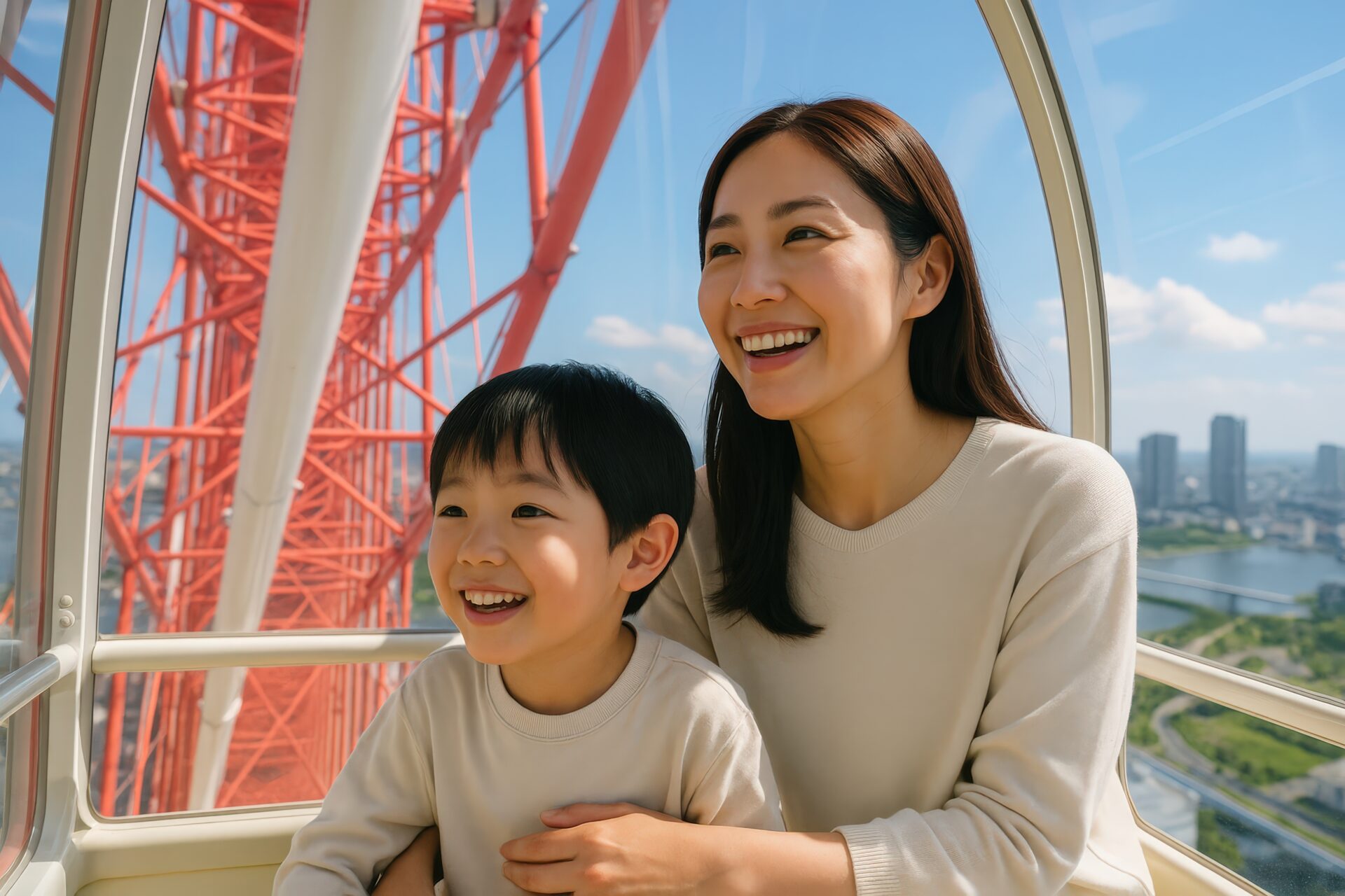 観覧車で笑顔を見せる母と男の子