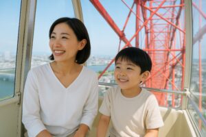 観覧車に乗る母親と息子の親子