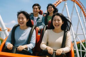 ジェットコースターを楽しむ4人の若者たち