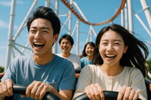 笑顔で絶叫するジェットコースターの乗客たち