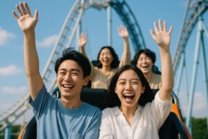 手を上げてジェットコースターを楽しむ若者たち