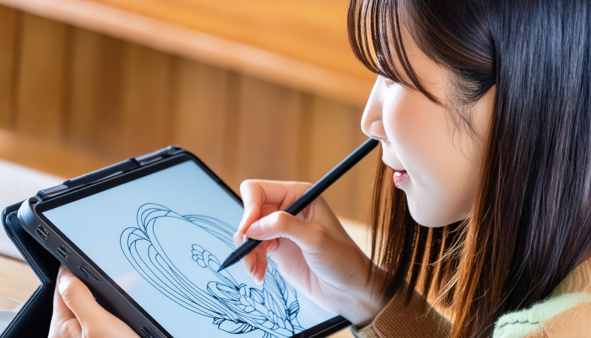 タブレットで創作活動を楽しむ女性