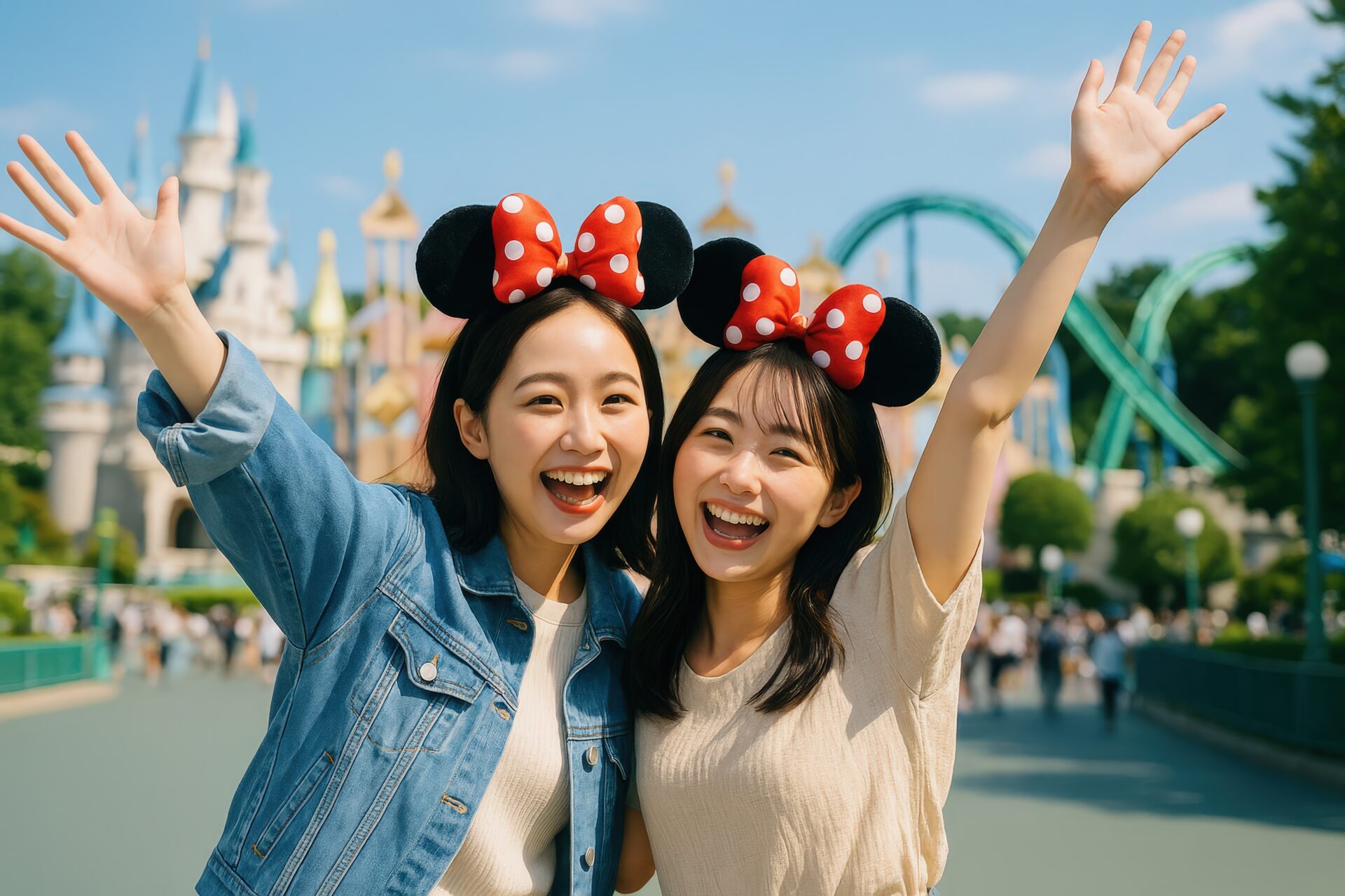 テーマパークでポーズをとる笑顔の若い女性たち